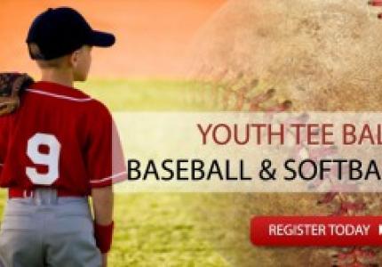 Boy standing with his back facing us with text Youth-Tee-Ball-Baseball-Softball